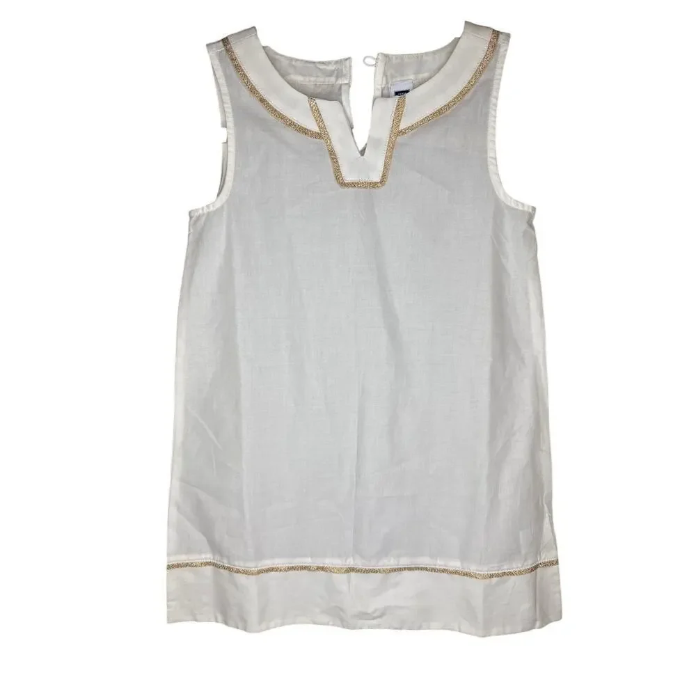 Janie and Jack White Dress Girls Size 4, 100% Cotton, Gold-Trimmed V-Neck